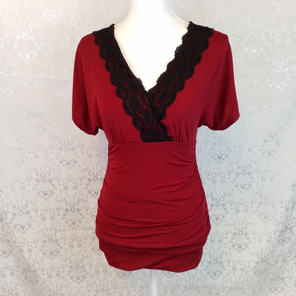 Maurices dark red top with black lace neckline S